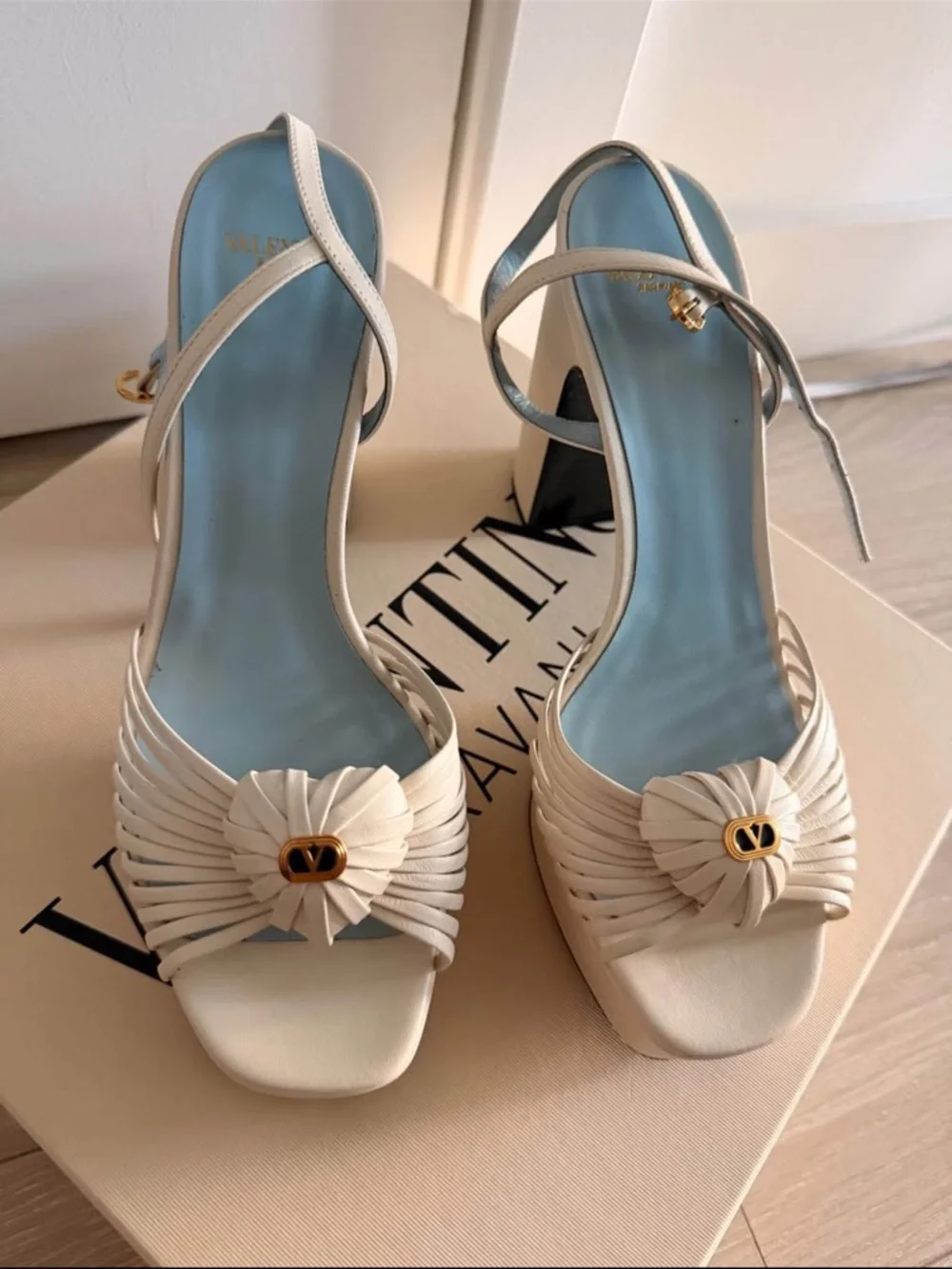Valentino Cream Leather Knotted Open-Toe Block Heel Sandals